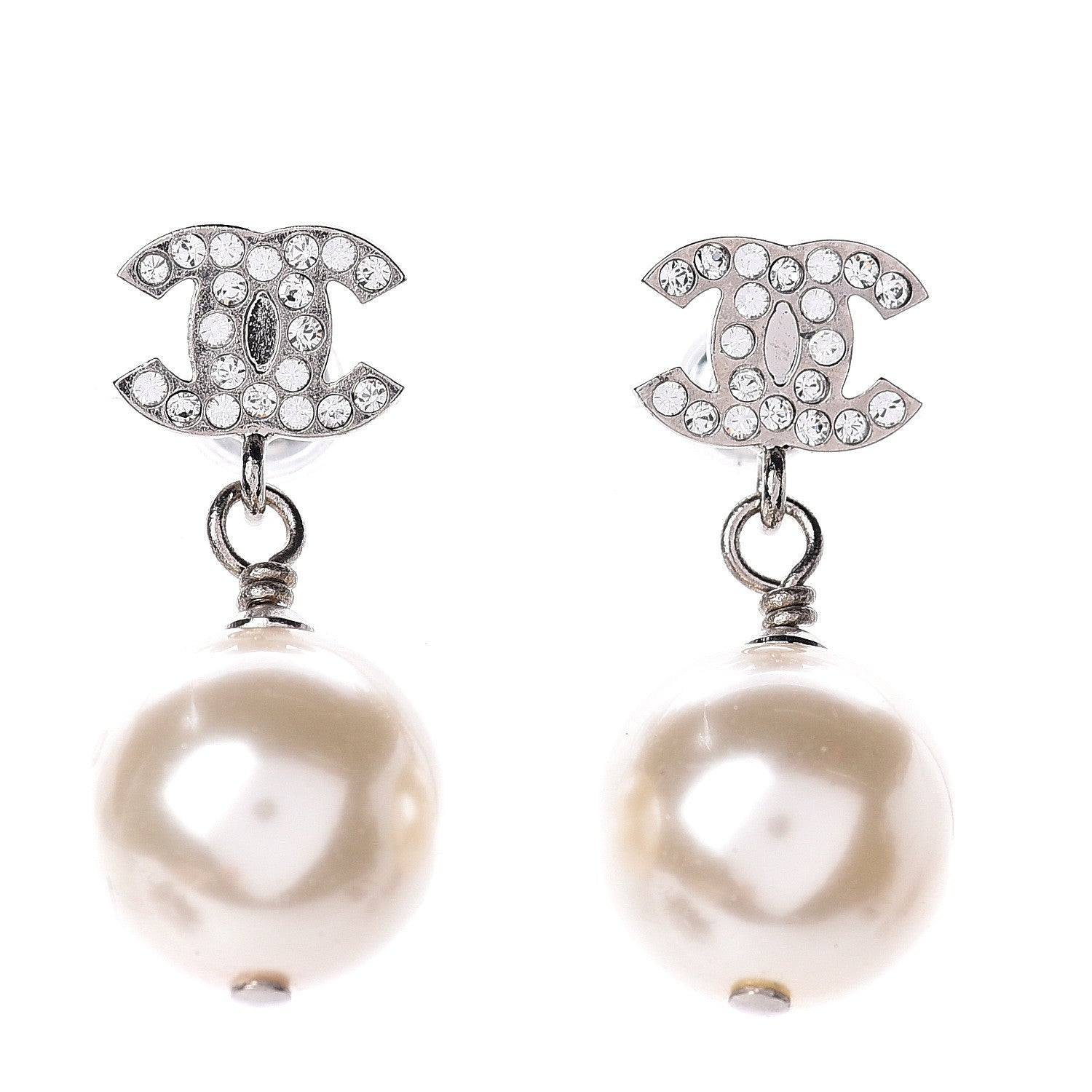 Chanel Crystal Pearl CC Drop Earrings Silver 1 of 3
