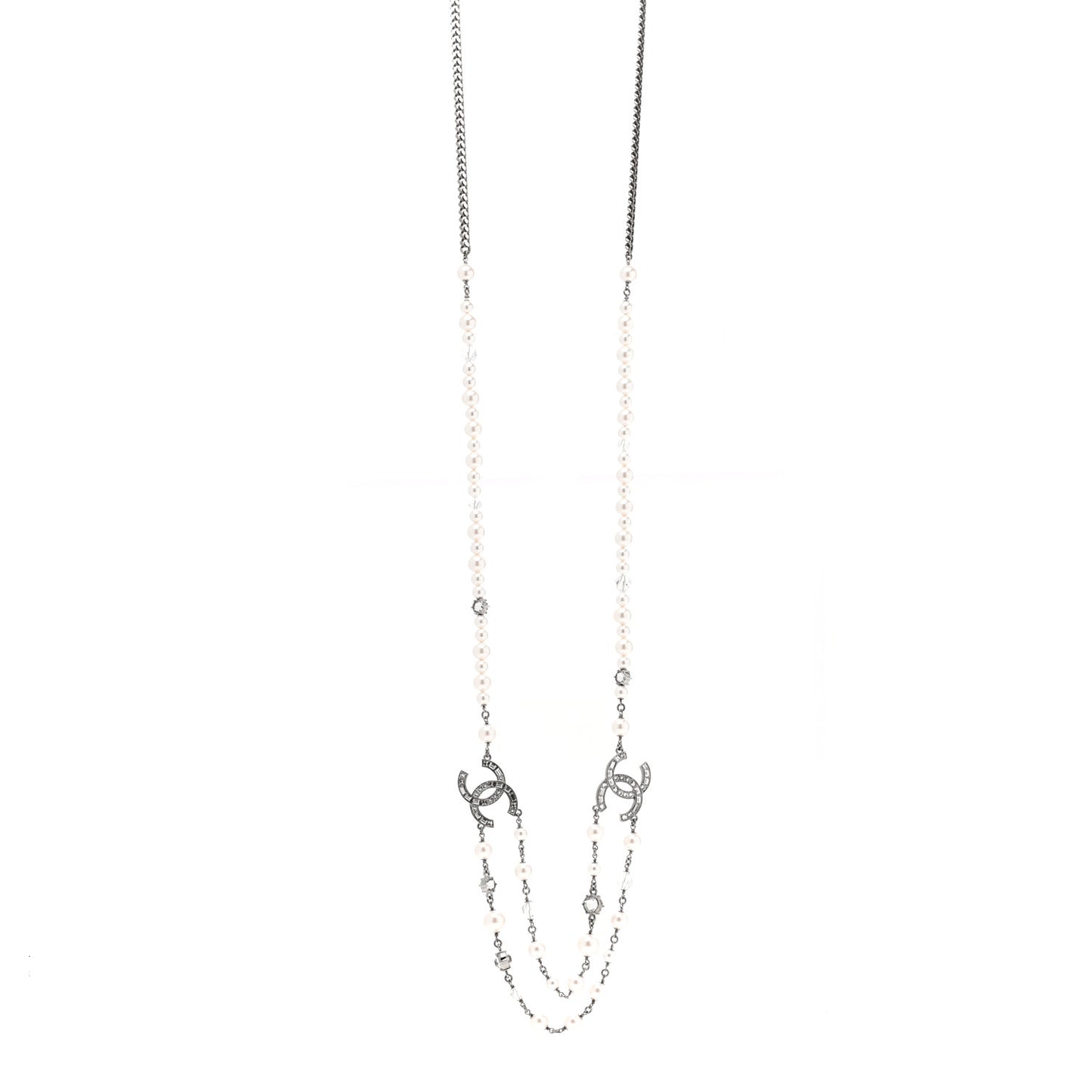 Ruthenium Pearl Crystal Baguette CC Necklace Silver