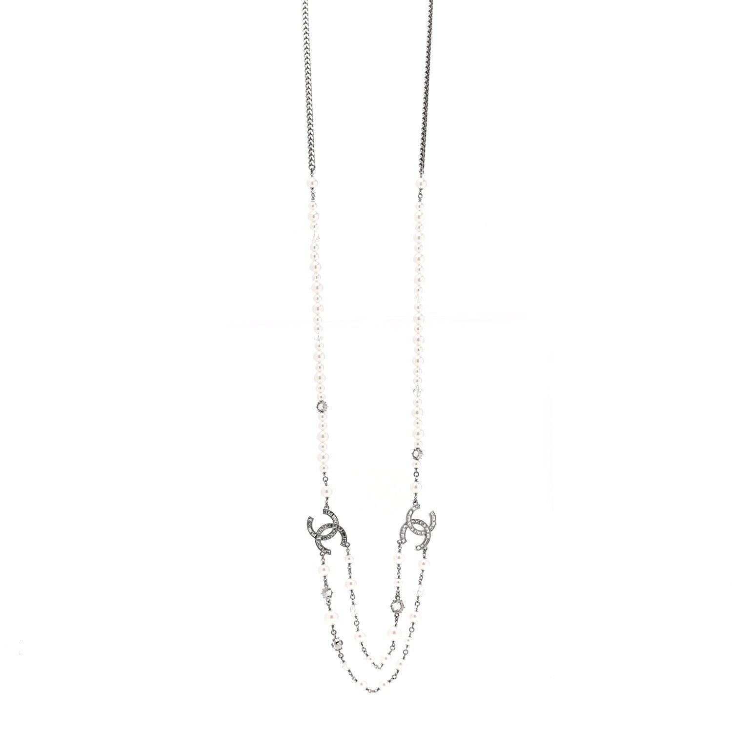 Chanel Ruthenium Pearl Crystal Baguette CC Necklace Silver 3 of 6
