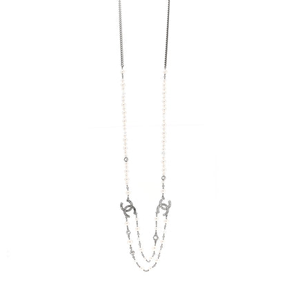Chanel Ruthenium Pearl Crystal Baguette CC Necklace Silver 3 of 6