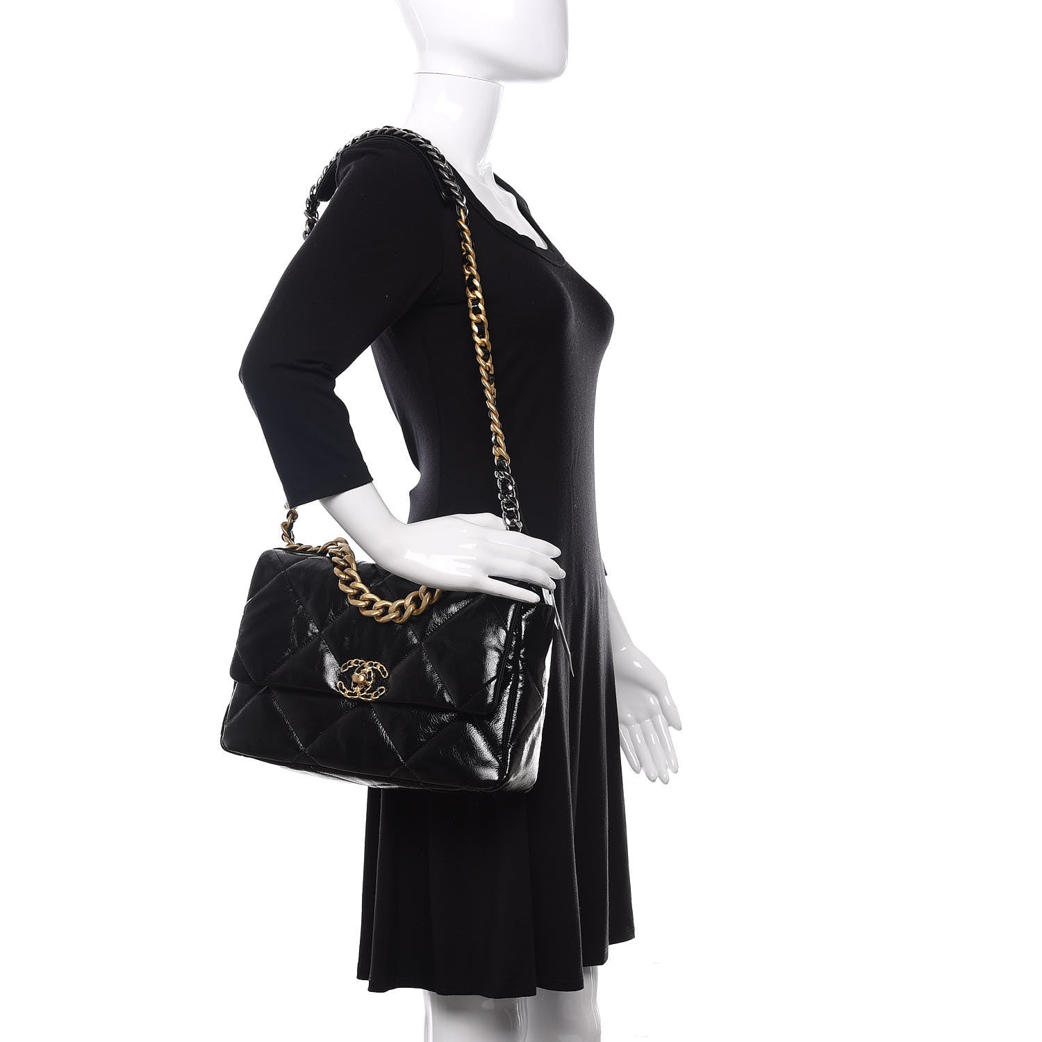 Chanel Shiny Crumpled Calfskin Quilted Large 19 Flap Black 2 of 10