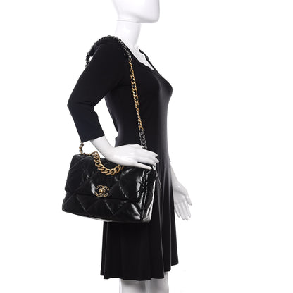 Chanel Shiny Crumpled Calfskin Quilted Large 19 Flap Black 2 of 10