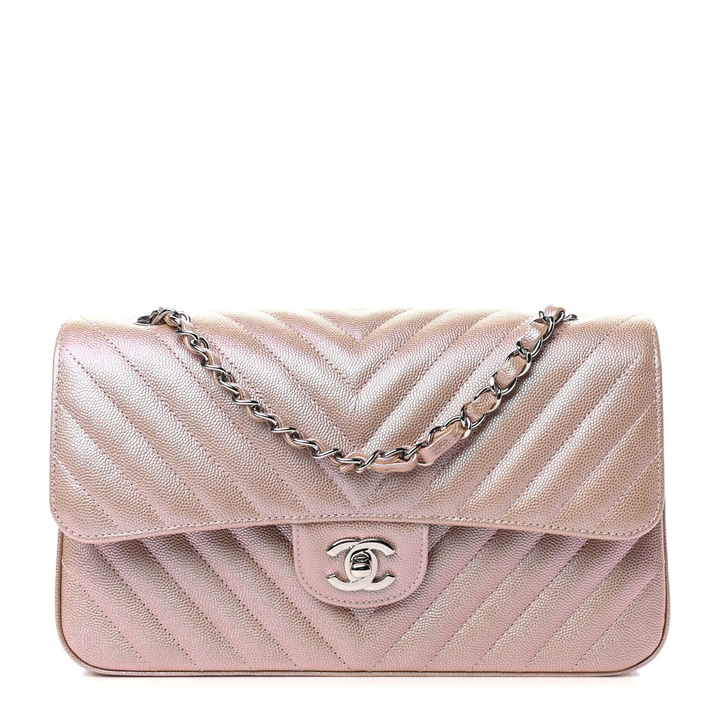 Metallic Caviar Chevron Quilted Medium Double Flap Light Gold