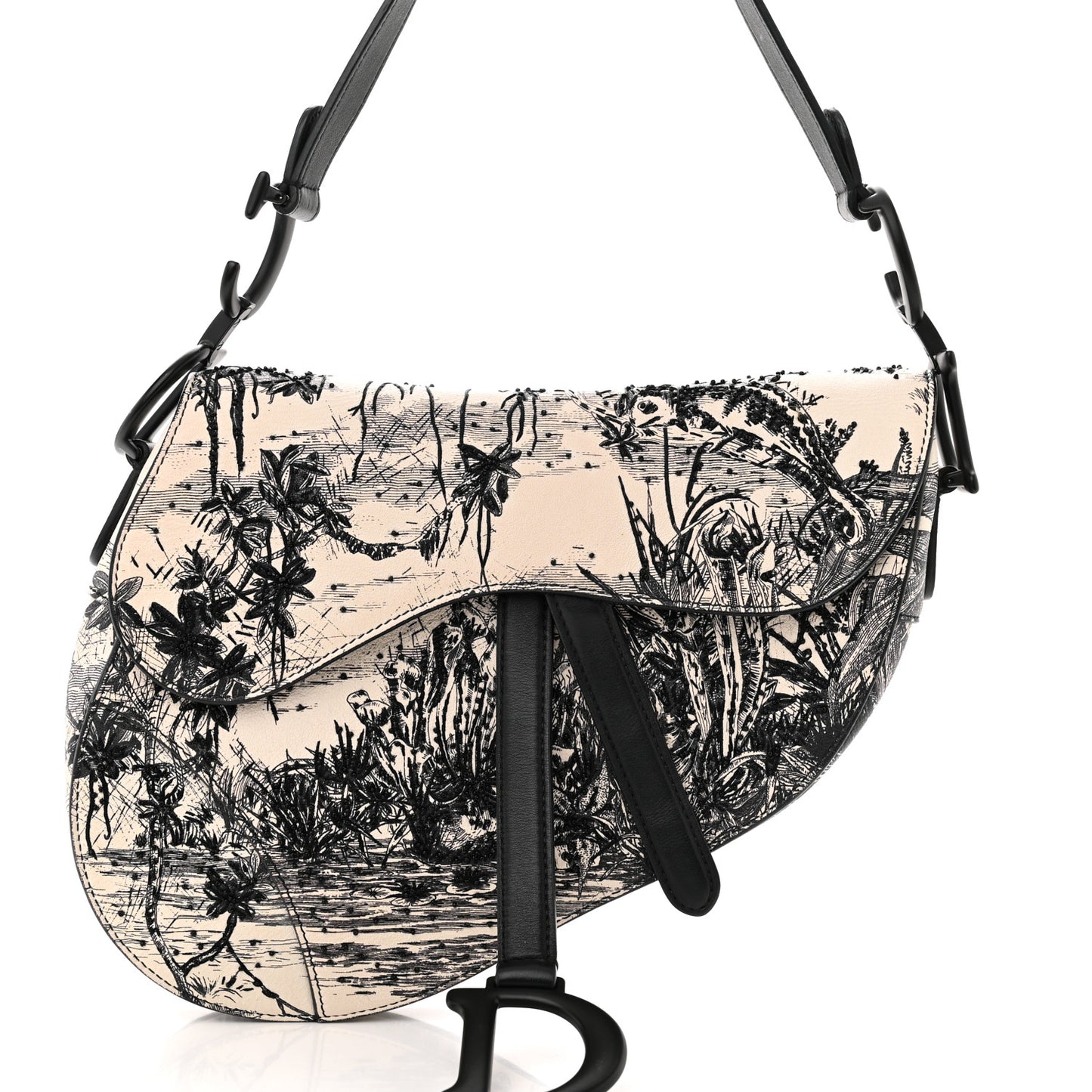 Calfskin Embroidered Palm Tree Toile De Jouy Saddle Bag White Black