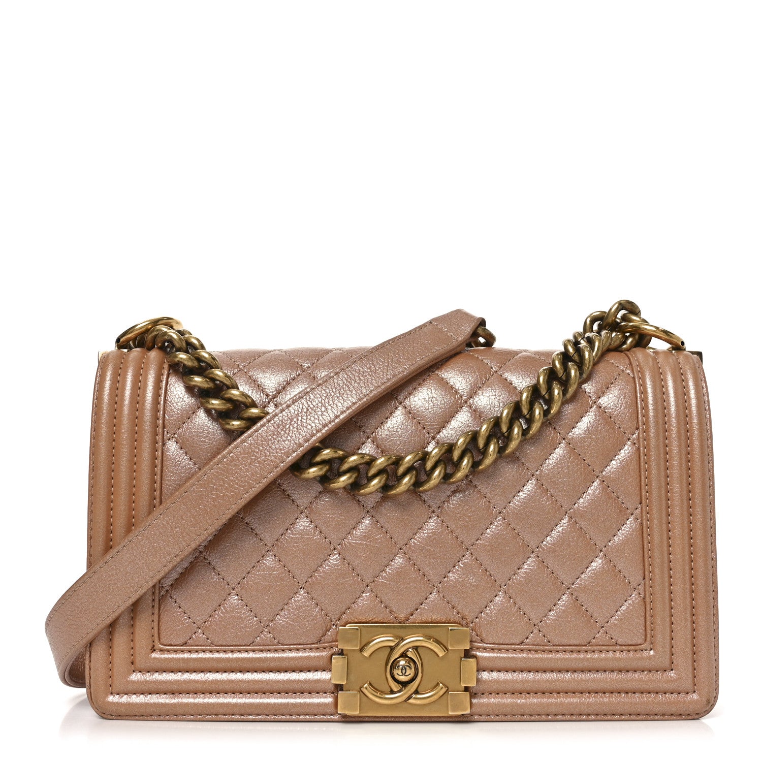 Chanel Metallic Calfskin Quilted Medium Boy Flap Dark Beige 2 of 19