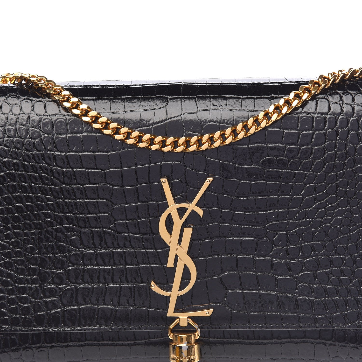 Saint Laurent Calfskin Crocodile Embossed Medium Classic Monogram Kate Tassel Satchel Black 9 of 11