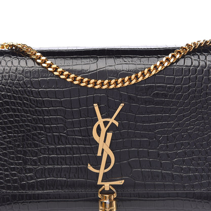 Saint Laurent Calfskin Crocodile Embossed Medium Classic Monogram Kate Tassel Satchel Black 9 of 11