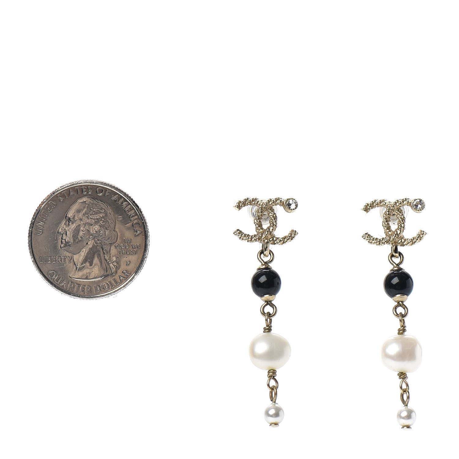 Chanel Pearl Bead Crystal CC Byzantine Drop Earrings Black Gold 2 of 4