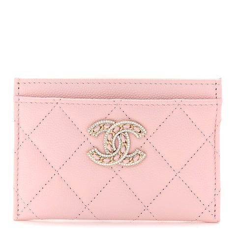 Caviar Quilted Crystal Card Holder Pink