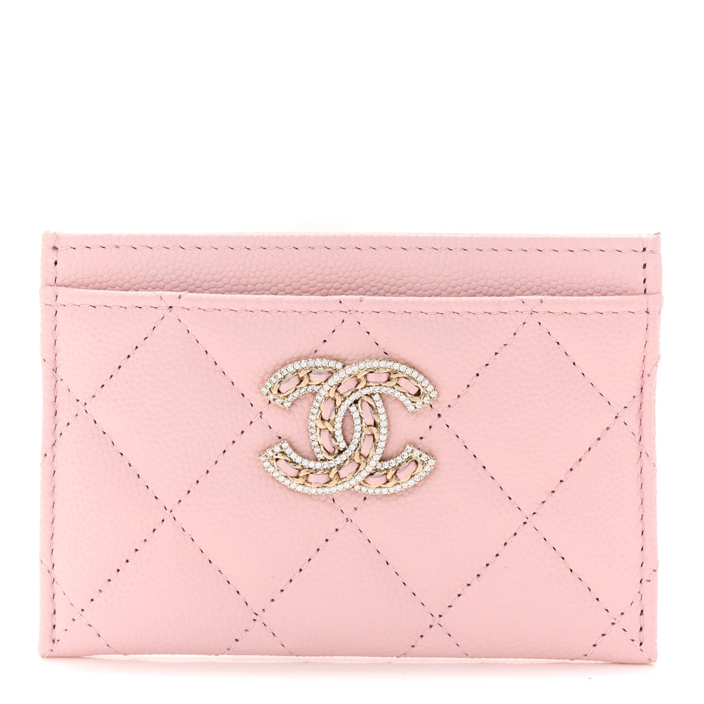 Caviar Quilted Crystal Card Holder Pink