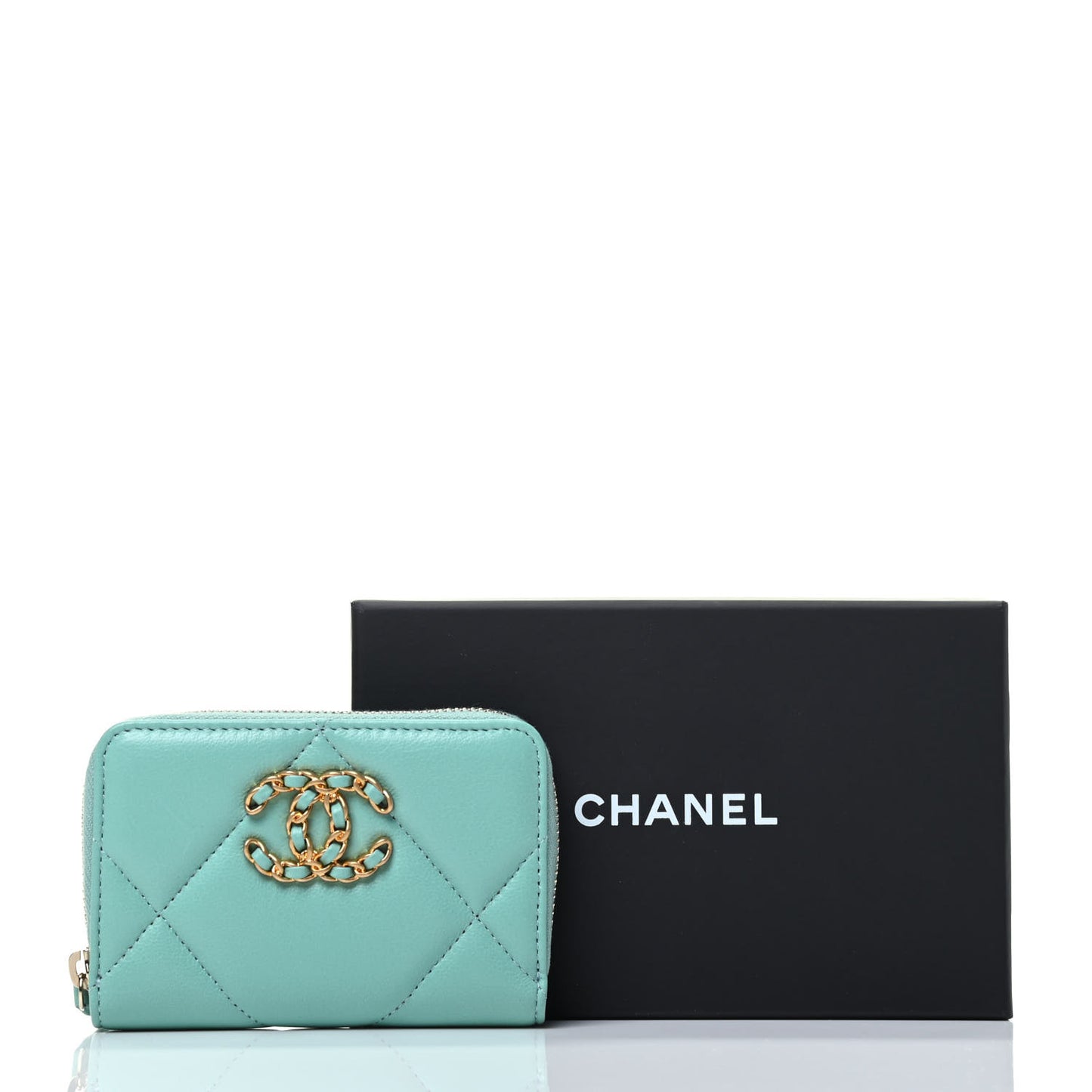 Lambskin Quilted Chanel 19 Zip Around Coin Purse Wallet Light Green