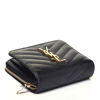 Saint Laurent Grain De Poudre Matelasse Chevron Monogram Compact Zip Around Wallet Black 4 of 6