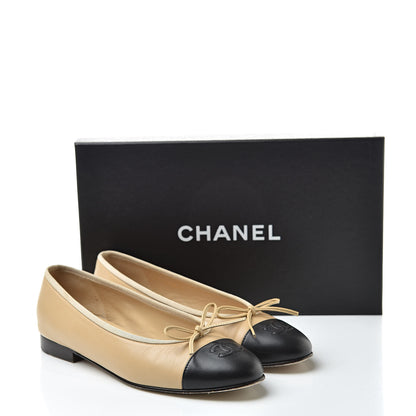 Chanel Lambskin Cap Toe CC Ballerina Flats 37 Beige Black 12 of 12