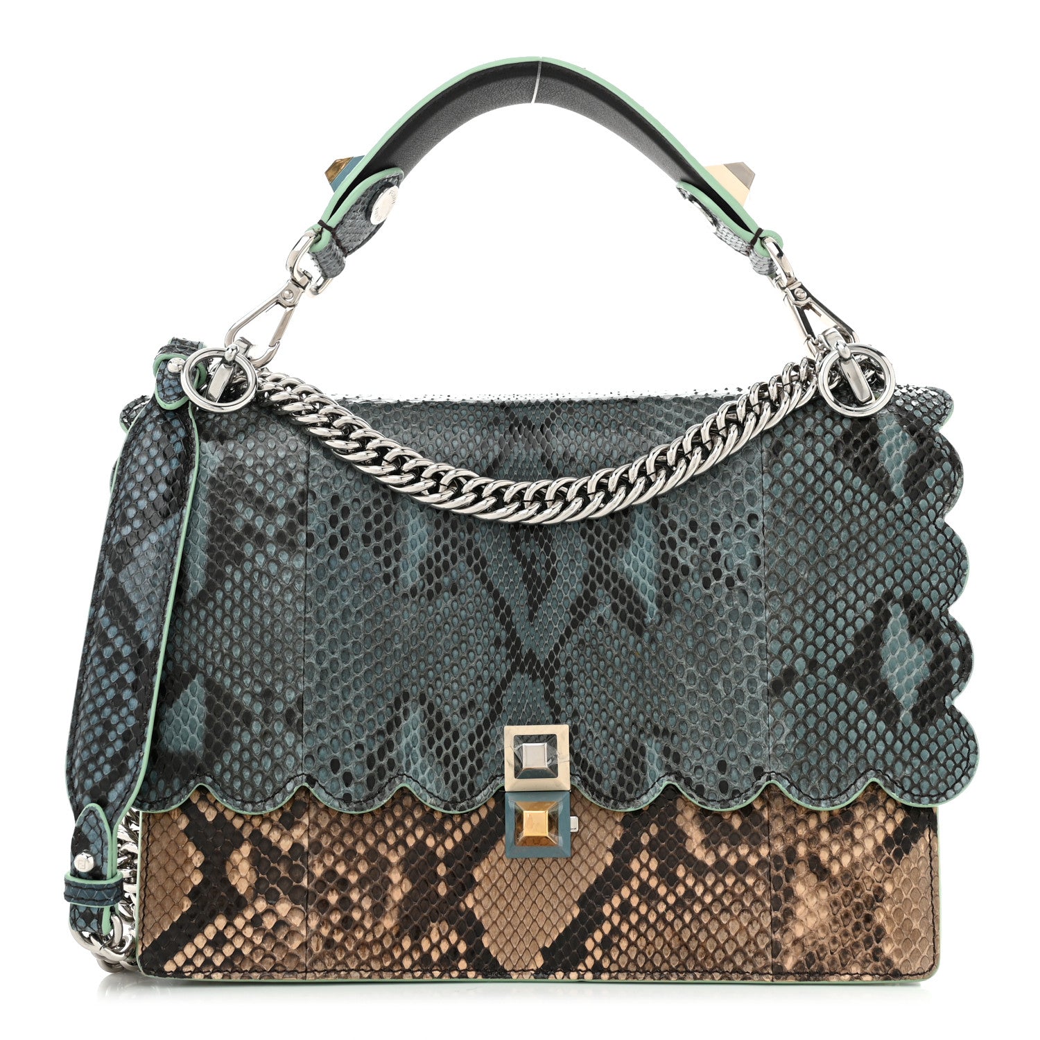 Fendi Snakeskin Scalloped Studded Kan I Shoulder Bag Borchie Borchie Pavone Makeup 1 of 10