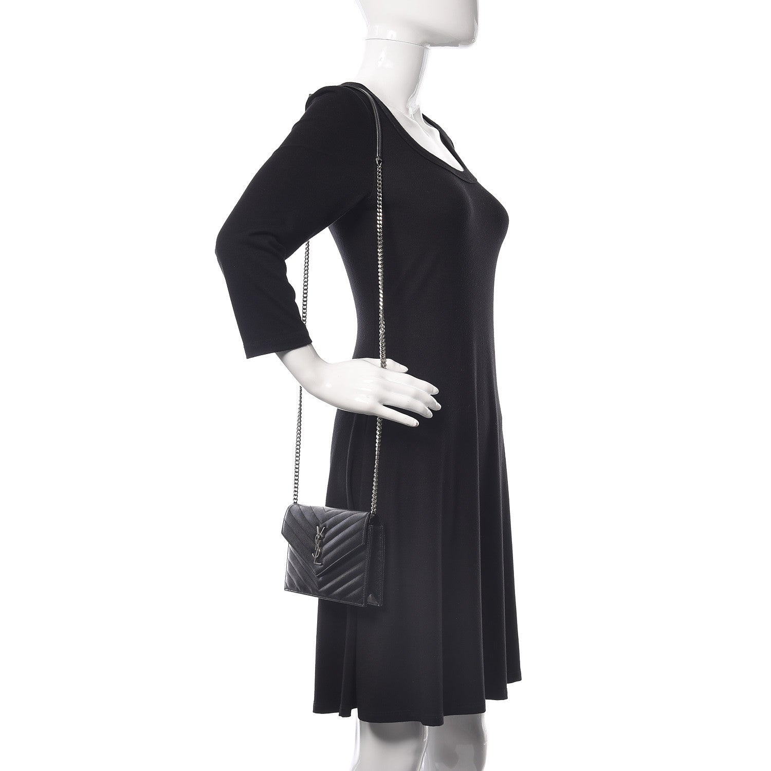 Saint Laurent Grain De Poudre Matelasse Chevron Monogram Envelope Chain Wallet Black 2 of 9