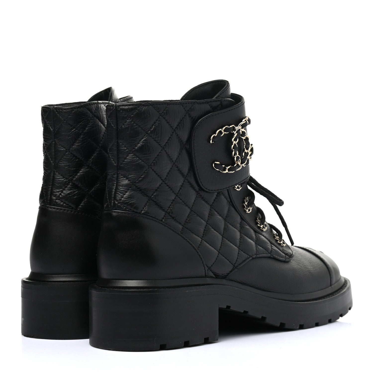 Chanel Shiny Goatskin Calfskin Quilted Lace Up Combat Boots 40 Black 4 of 7