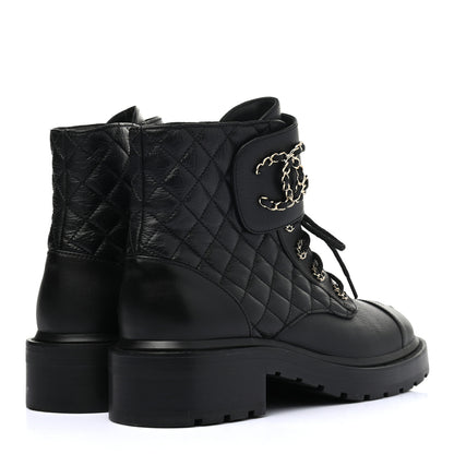 Chanel Shiny Goatskin Calfskin Quilted Lace Up Combat Boots 40 Black 4 of 7