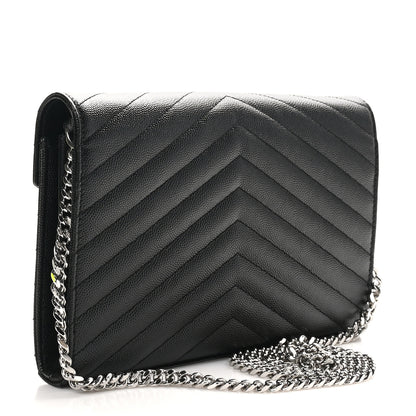 Saint Laurent Grain De Poudre Matelasse Chevron Monogram Chain Wallet Black 3 of 10