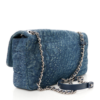 Chanel Denim Quilted Camellia Embroidered Large Flap Blue 3 of 11