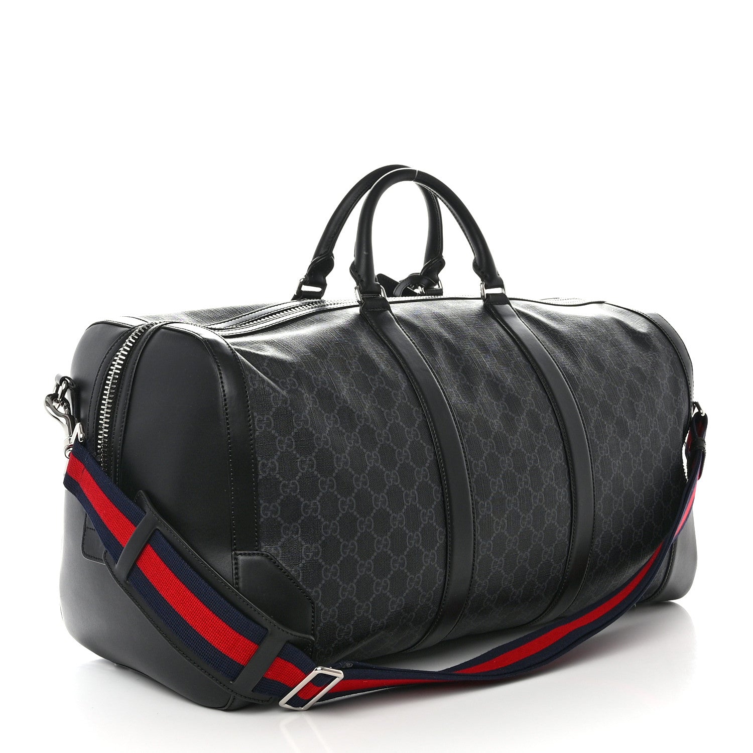 Gucci Soft GG Supreme Monogram Appia Calfskin Web Large Carry On Duffle Bag Black Grey 2 of 9