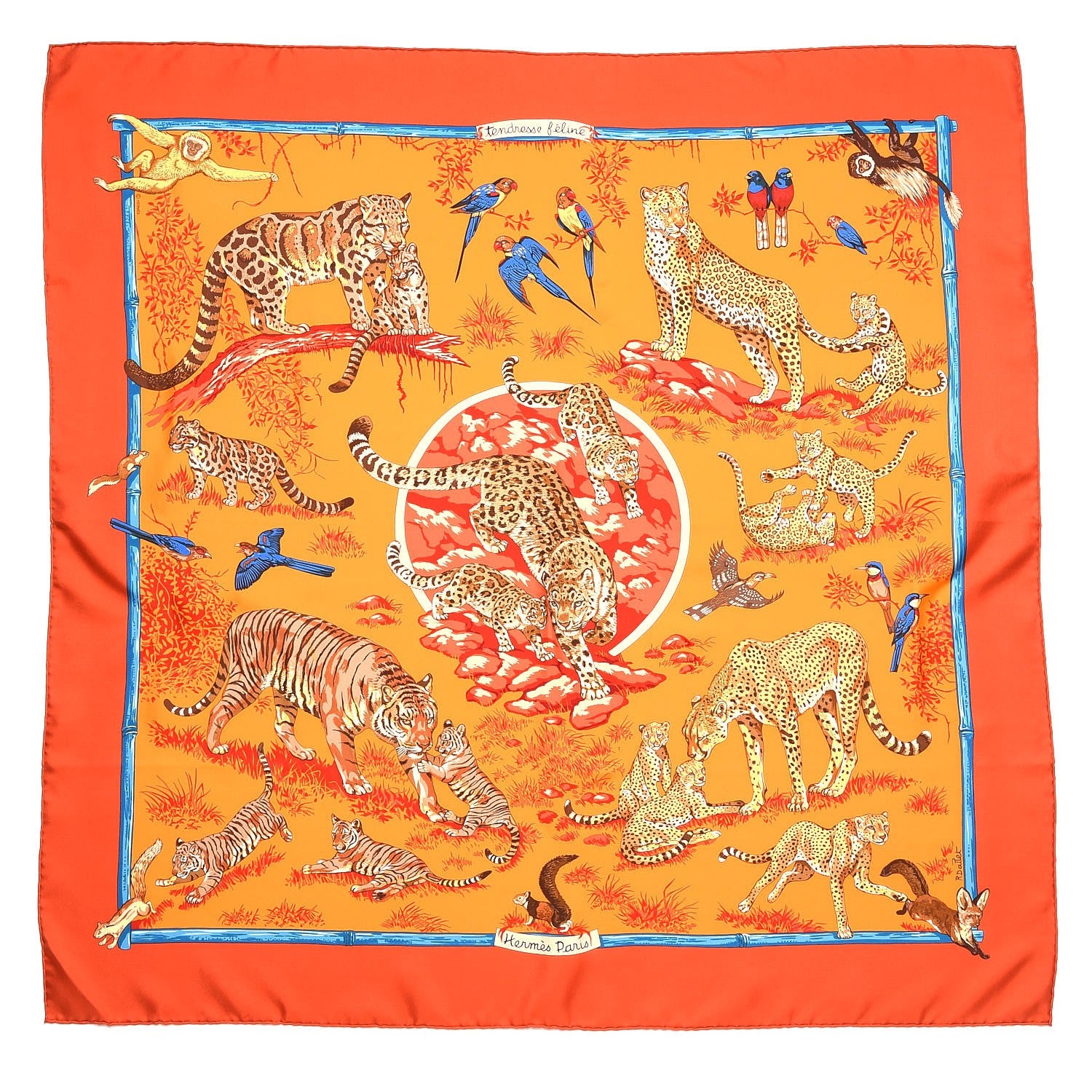Hermes Silk Tendresse Feline Scarf 90 Brique Orange Bleu 1 of 8