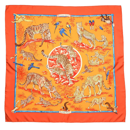 Hermes Silk Tendresse Feline Scarf 90 Brique Orange Bleu 1 of 8