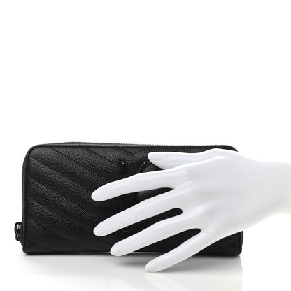 Saint Laurent Grain De Poudre Matelasse Chevron Monogram Zip Around Wallet Black 2 of 8