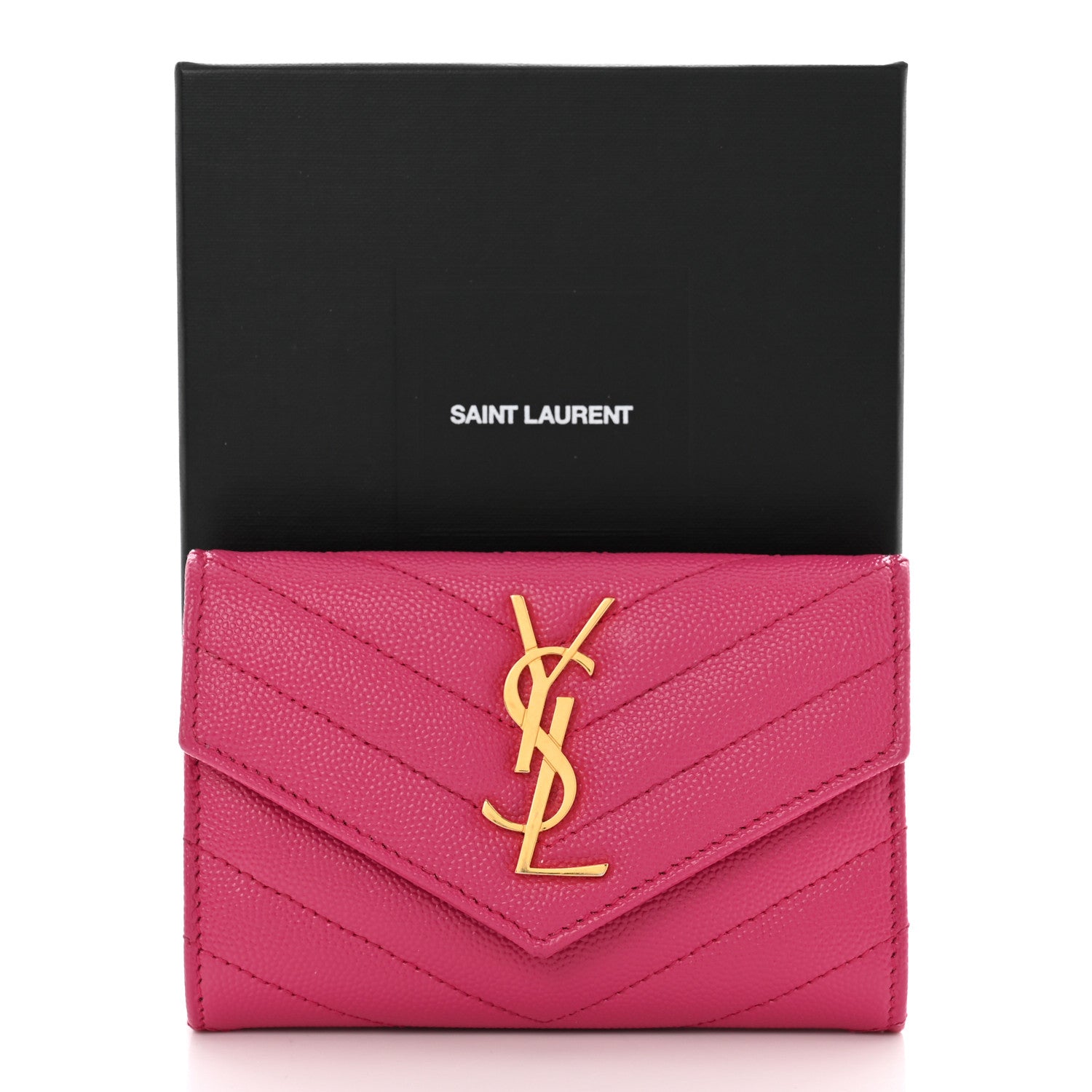 Saint Laurent Grain De Poudre Matelasse Chevron Small Monogram Envelope Wallet Fuxia Couture 8 of 8