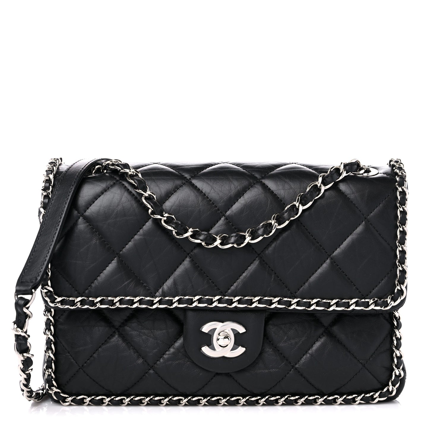 Crumpled Calfskin Medium Chain All Over Flap Black