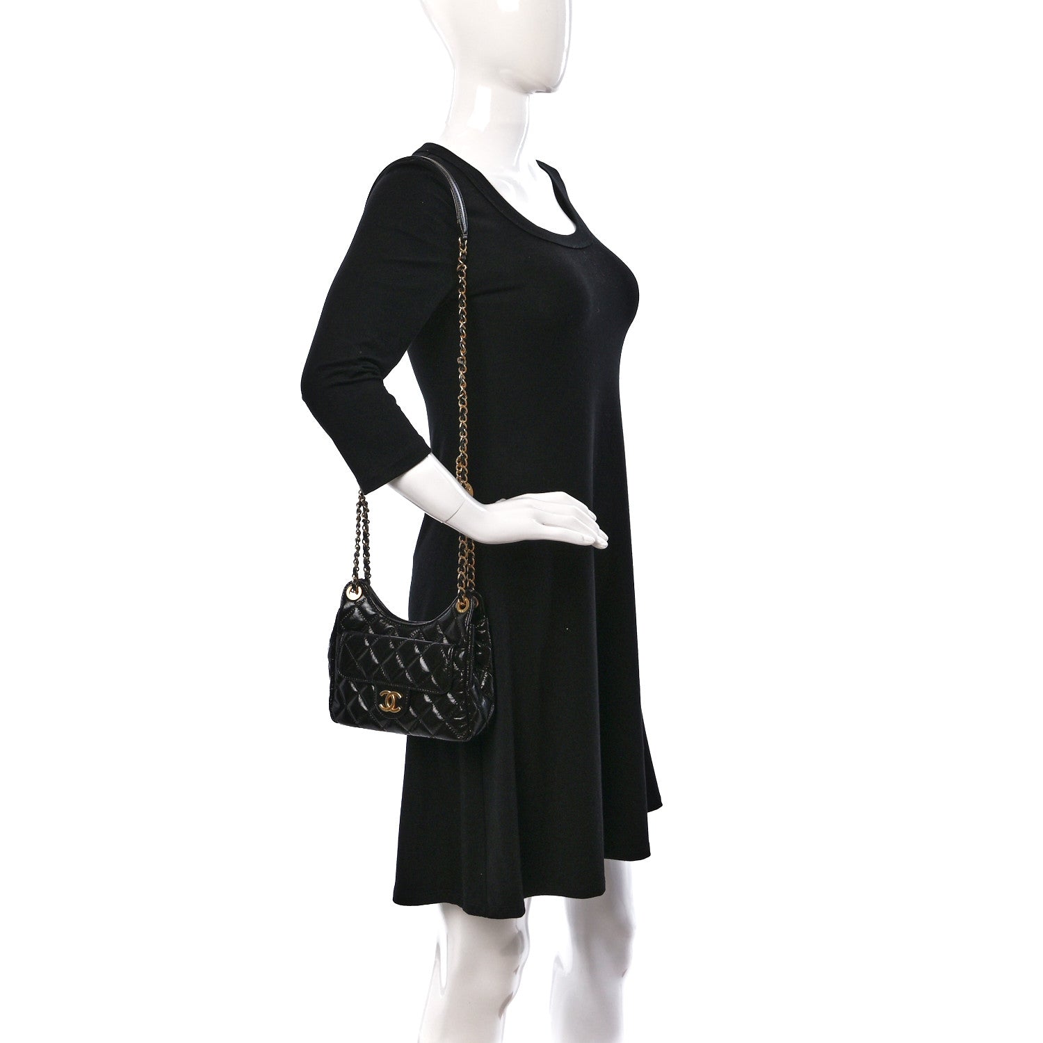 Chanel Shiny Crumpled Calfskin Quilted Small Wavy CC Hobo Black 2 of 10