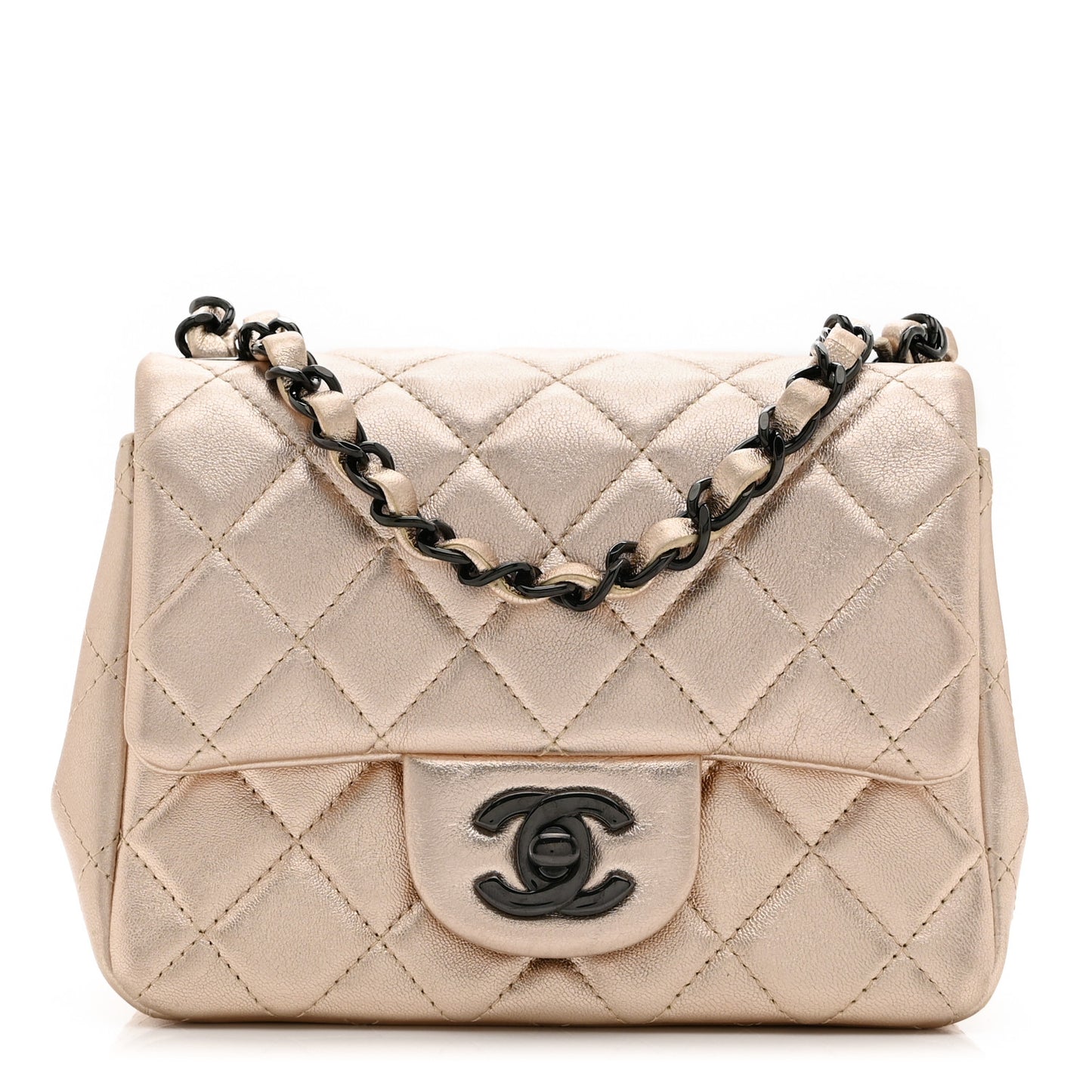 Metallic Lambskin Quilted Mini Square Flap Gold Black