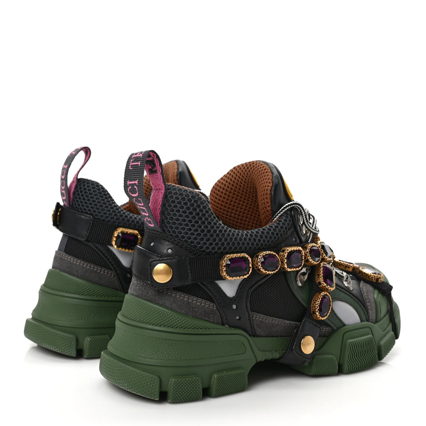 X SEGA Mesh Suede Calfskin Removable Crystals Flashtrek Sneakers 36 Loess Black Olive Green