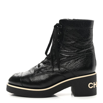Chanel Shiny Crumpled Lambskin Lace Up Combat Boots 40 Black 1 of 9