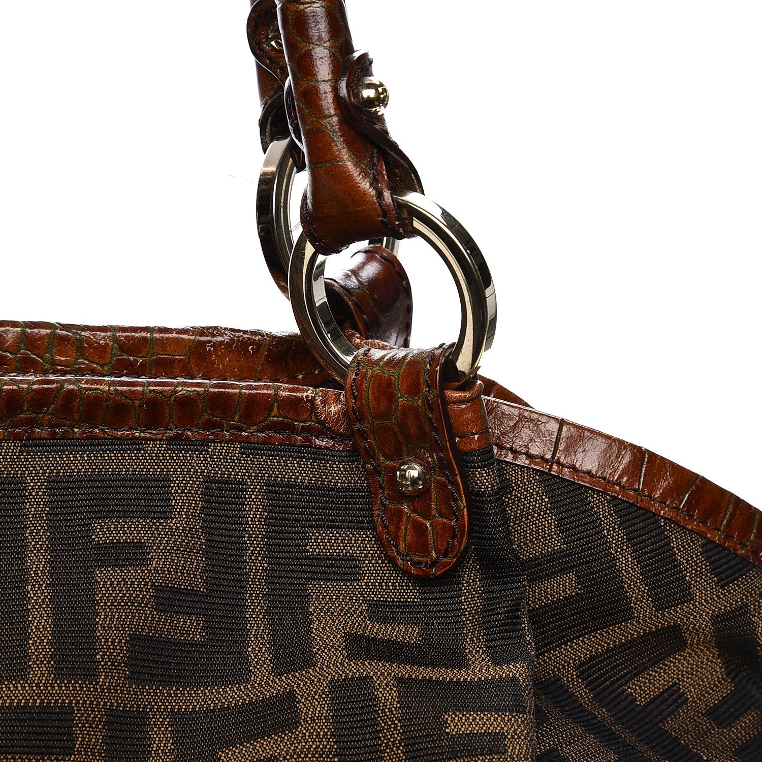 Fendi Zucca Calfskin Crocodile Embossed Large Chef Shopper Tote Tobacco 8 of 11