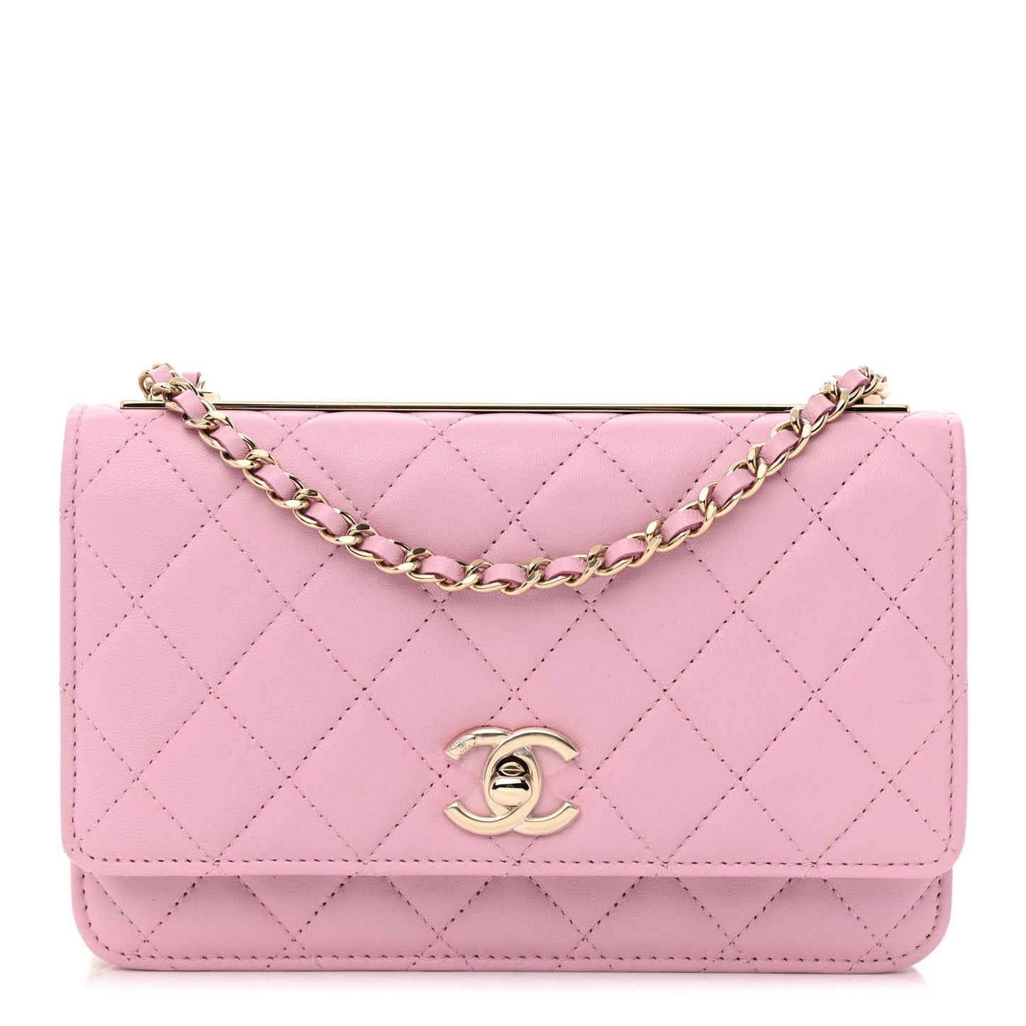 Lambskin Quilted Trendy CC Wallet On Chain WOC Pink