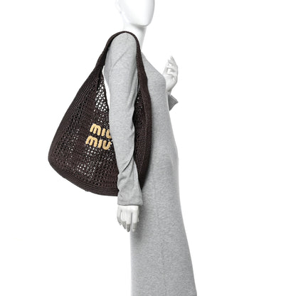 Miu Miu Raffia Crochet Woven Hobo Cacao Naturale 2 of 11