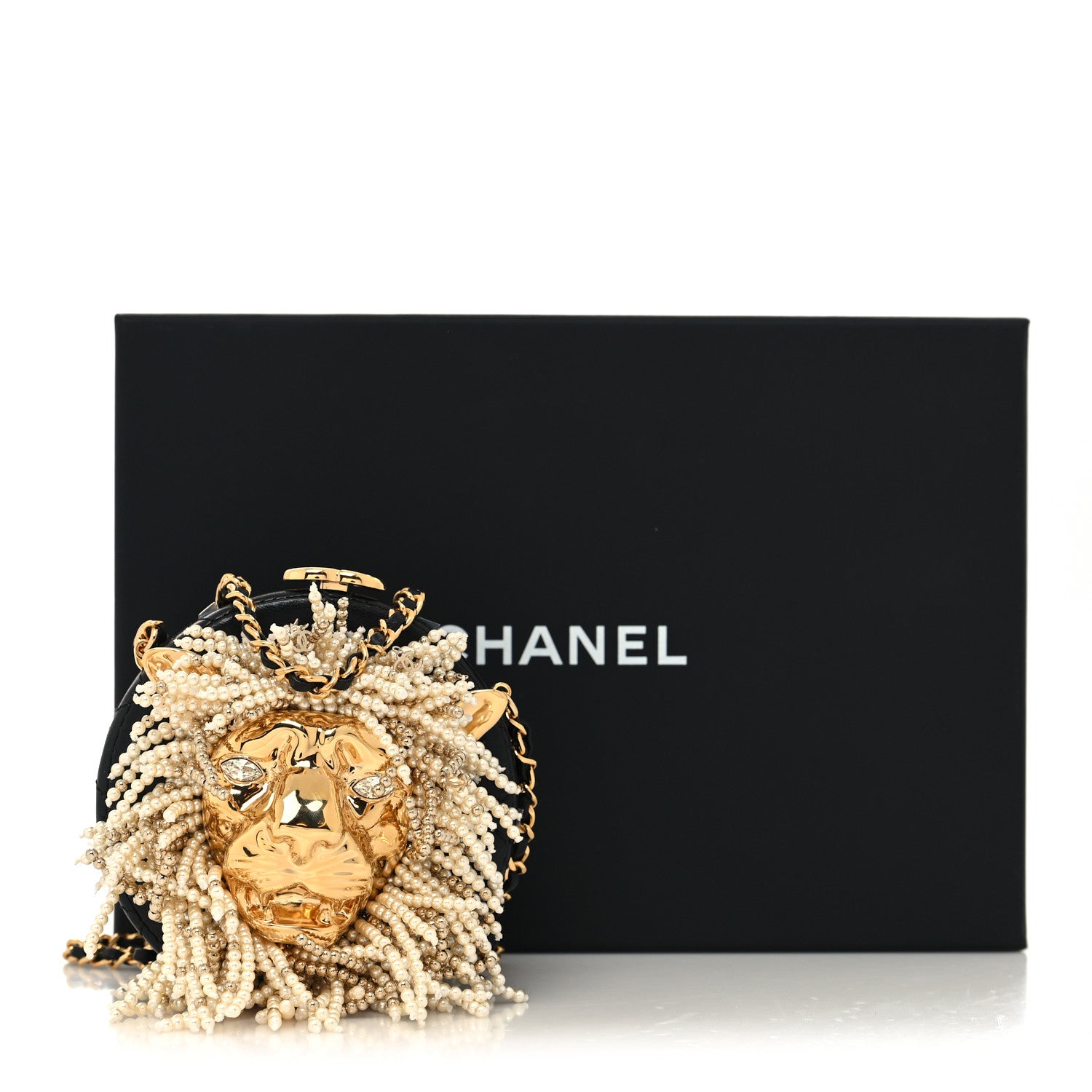 Chanel Lambskin Pearl Crystal Lion Round Minaudiere Clutch Black Gold 12 of 12