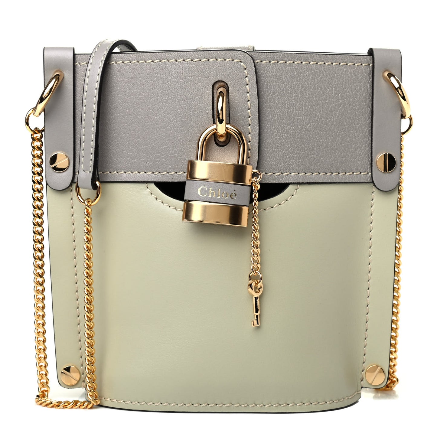 Shiny Calfskin Goatskin Mini Aby Bi-Color Bucket Light Eucalyptus