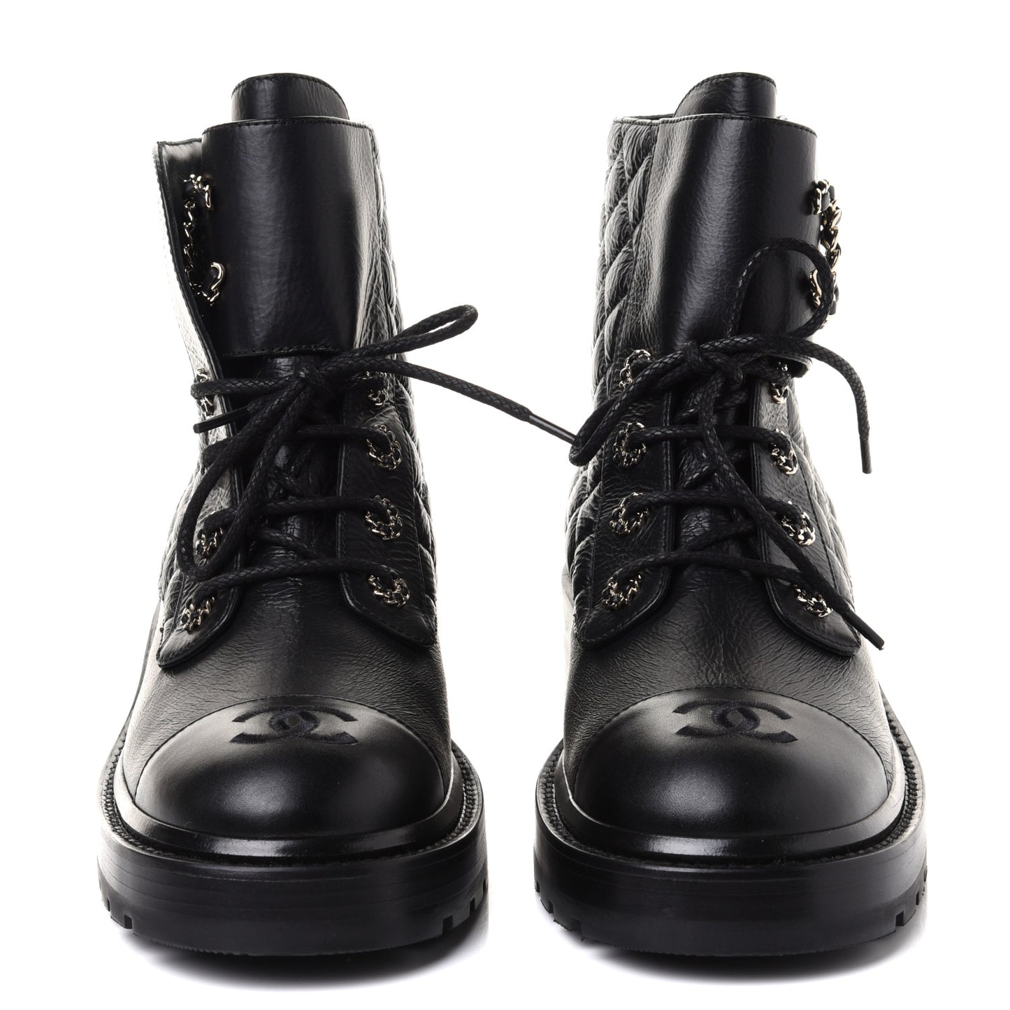 Shiny Goatskin Calfskin Quilted Lace Up Combat Boots 39 Black