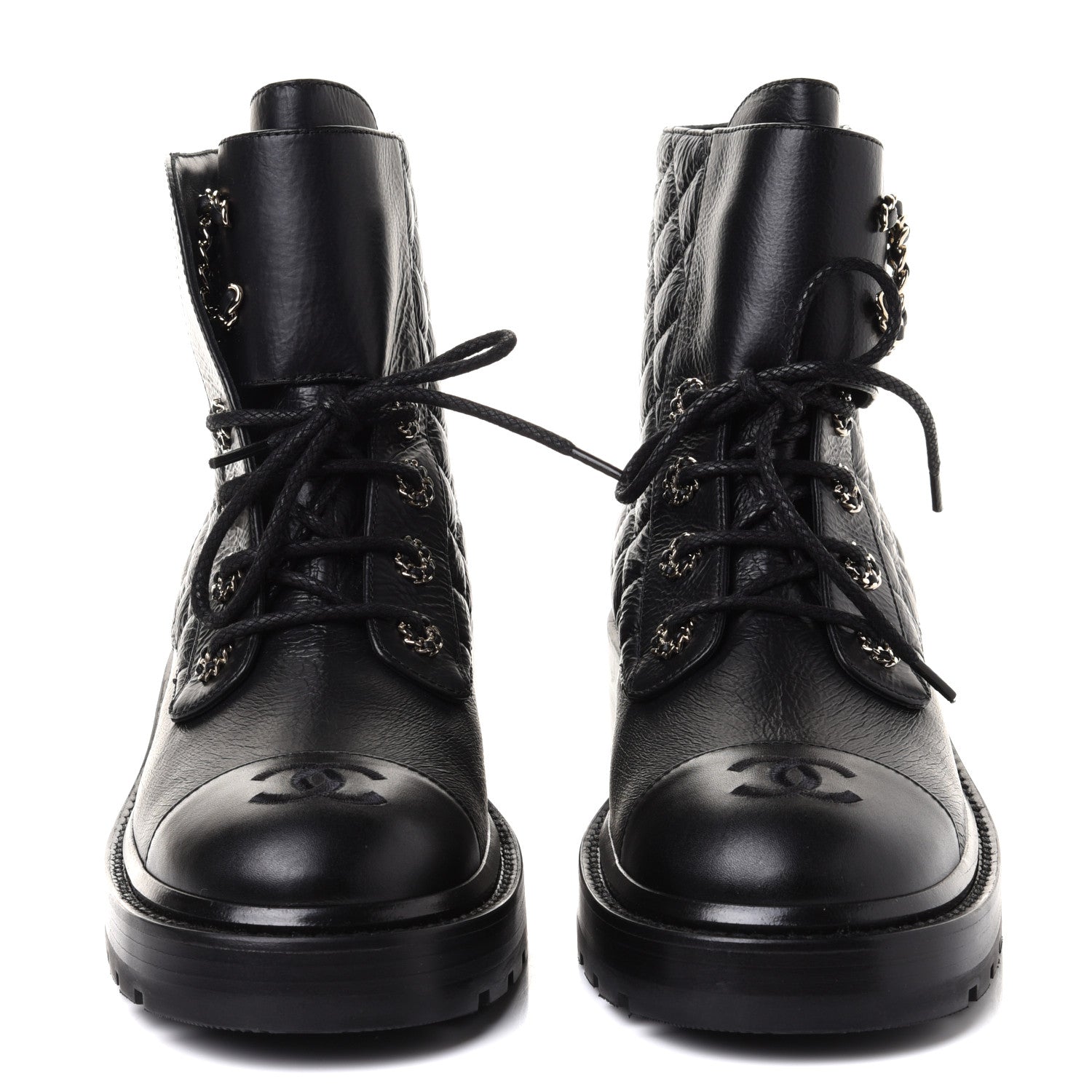 Chanel Shiny Goatskin Calfskin Quilted Lace Up Combat Boots 39 Black 2 of 10