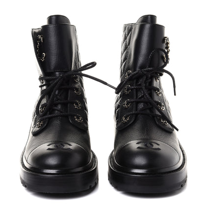 Chanel Shiny Goatskin Calfskin Quilted Lace Up Combat Boots 39 Black 2 of 10