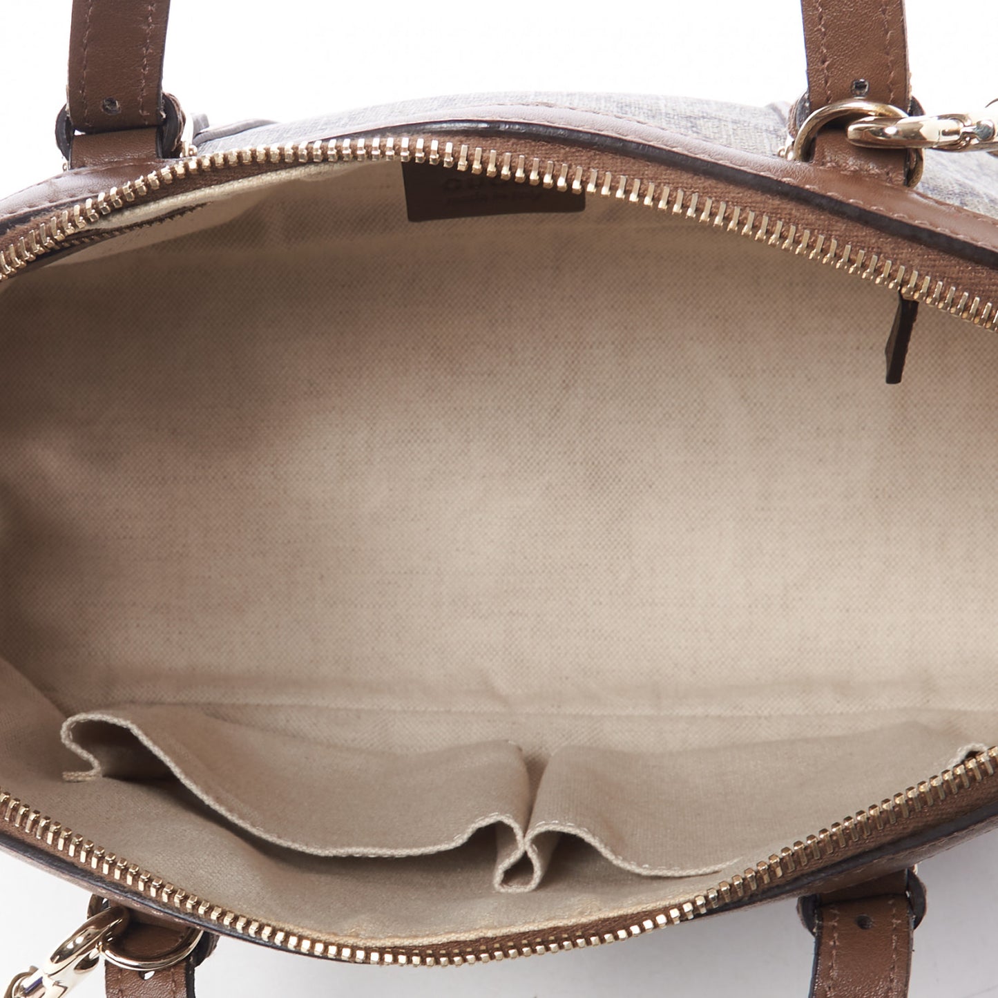 GG Supreme Monogram Margaux Calfskin Small Nice Top Handle Dome Bag Beige Ebony Acero