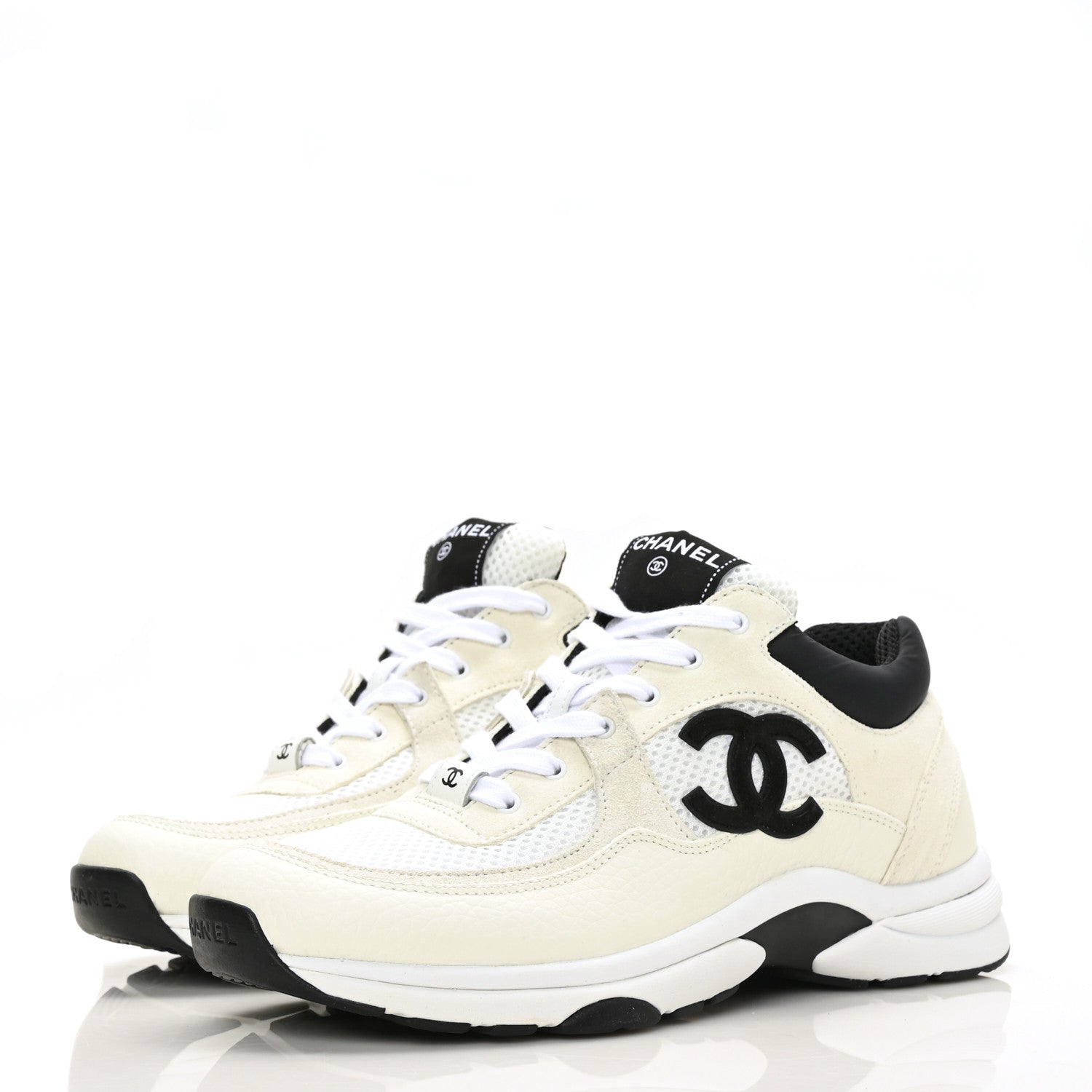 Chanel Mesh Suede Calfskin Grained Calfskin Womens CC Sneakers 39.5 White Black 3 of 7