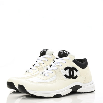 Chanel Mesh Suede Calfskin Grained Calfskin Womens CC Sneakers 39.5 White Black 3 of 7