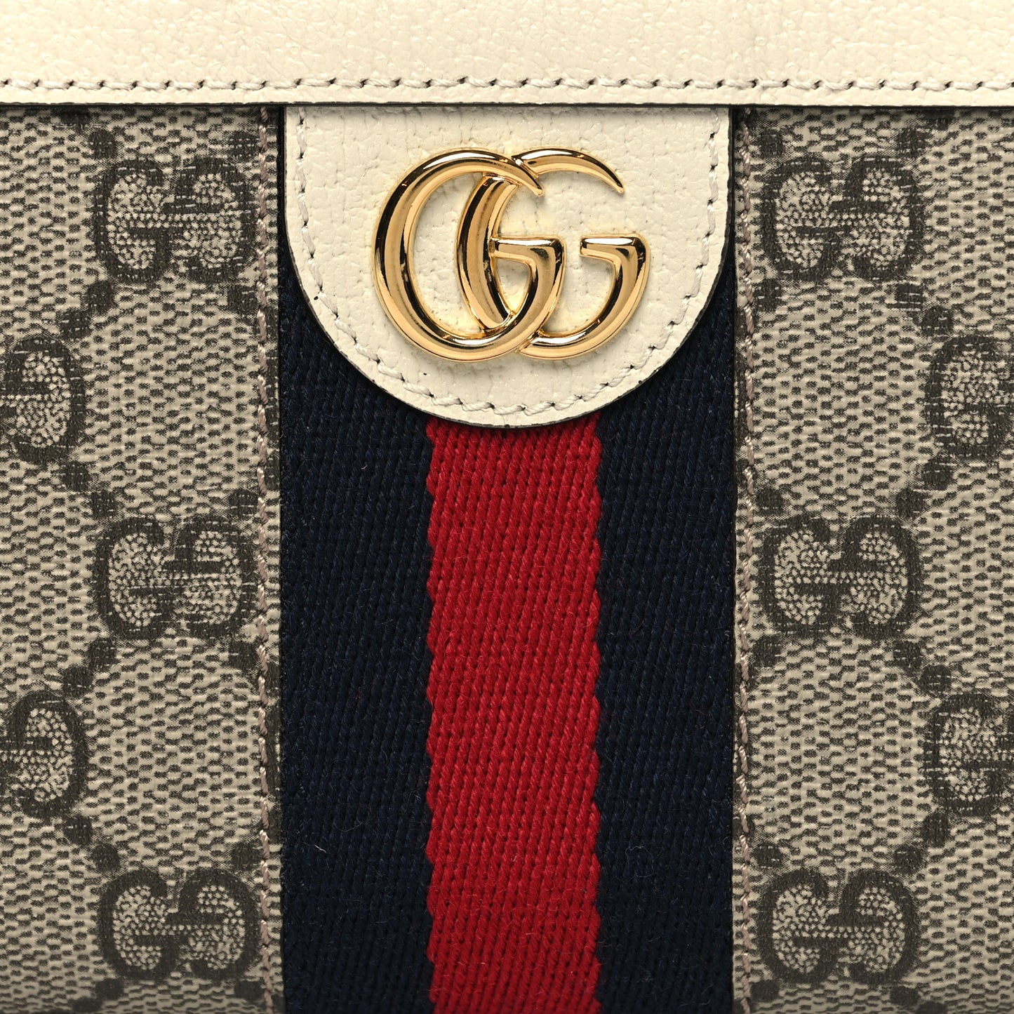 GG Supreme Monogram Textured Dollar Calfskin Web Ophidia Zip Around Wallet Beige Ebony Mystic White