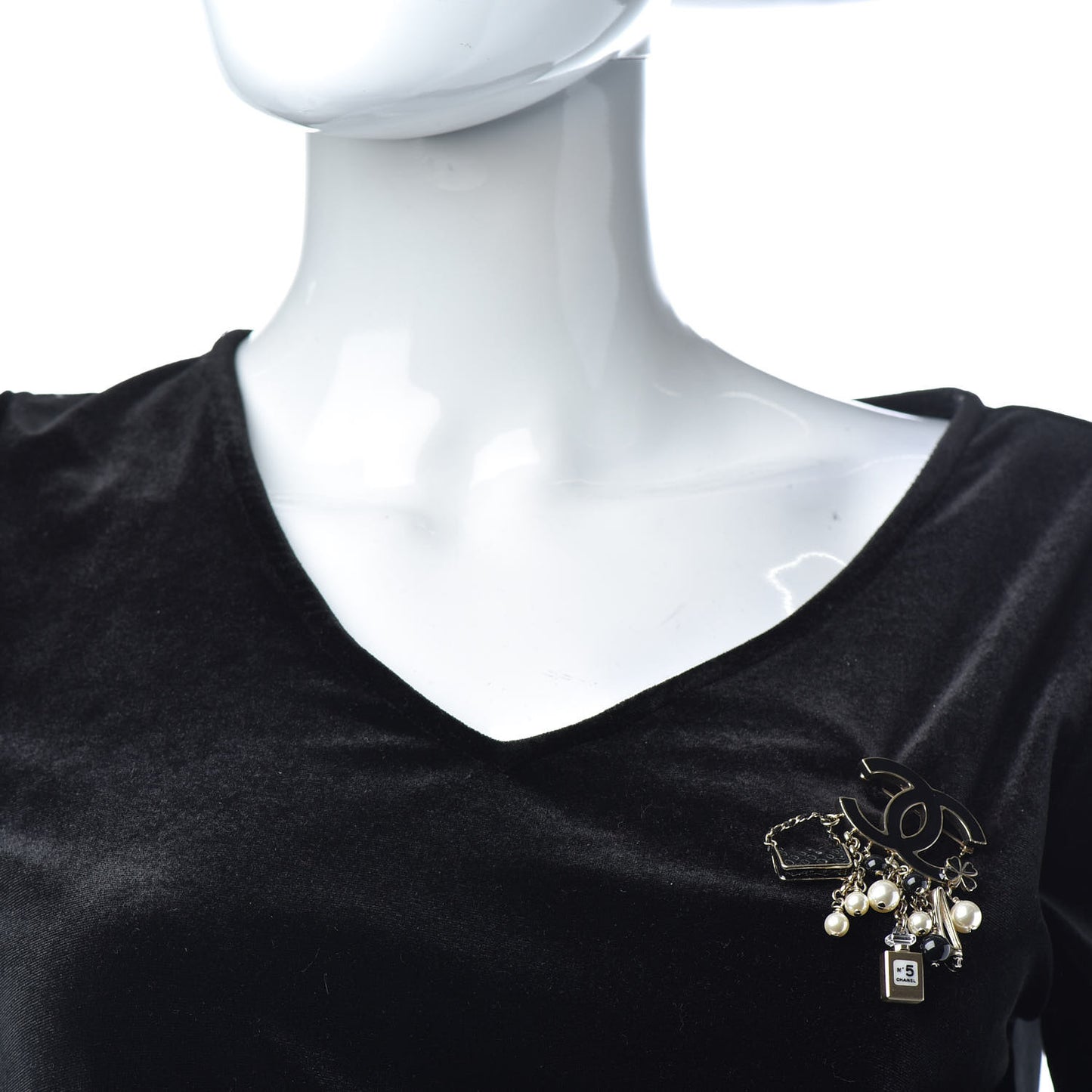 Enamel Pearl CC Charms Brooch Black Gold