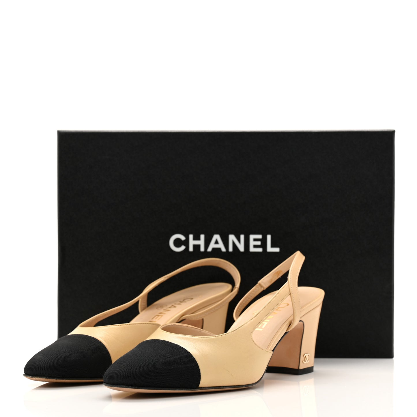 Goatskin Grosgrain Cap Toe CC Slingback Pumps 37 Beige Black