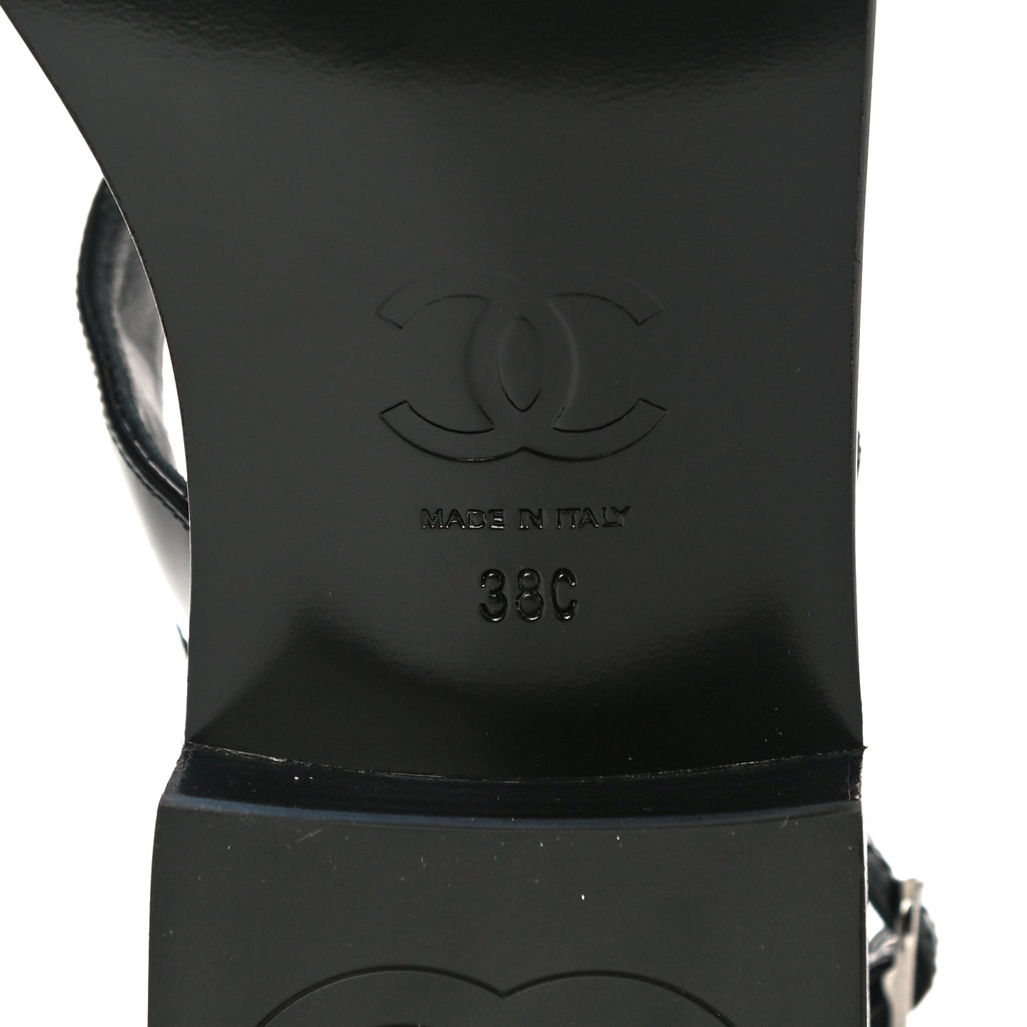 Patent Calfskin Chain CC Logo Thong Sandals 38 Black