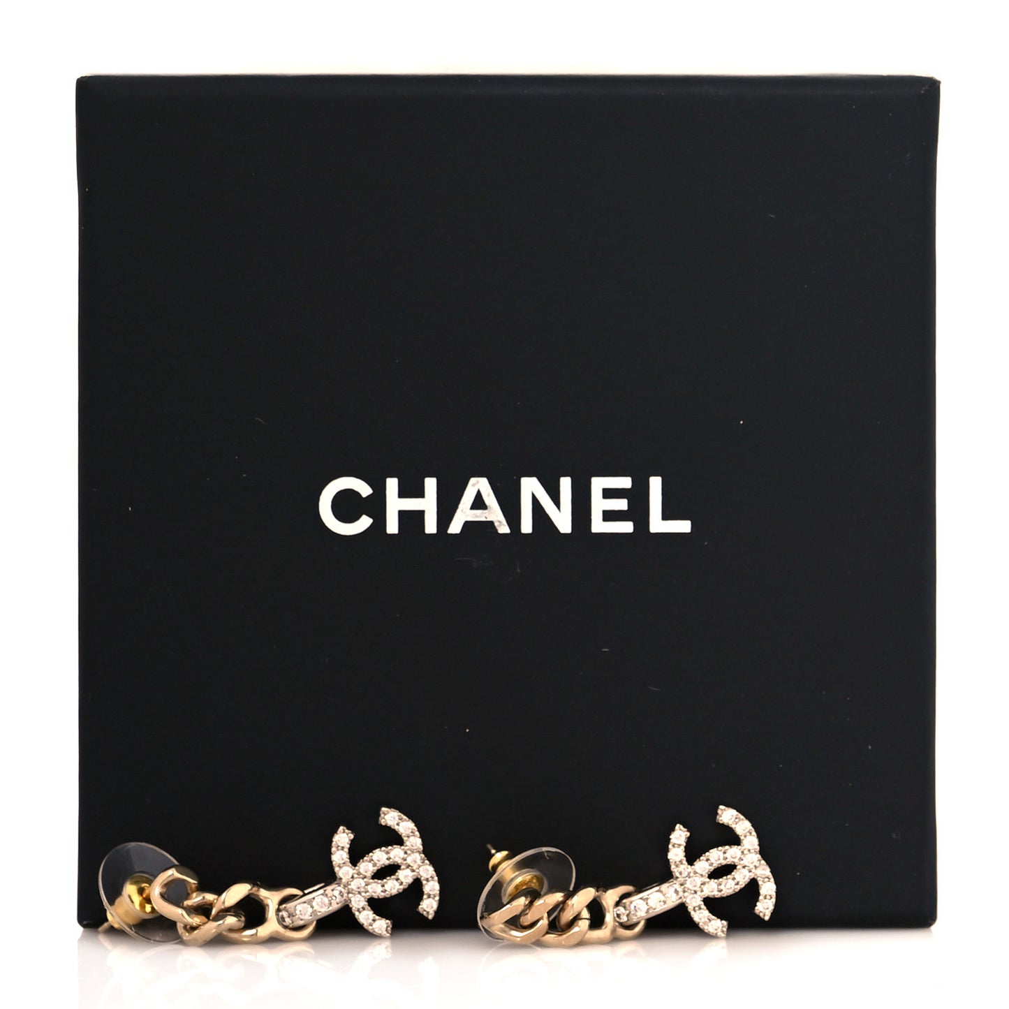 Metal Crystal CC Chain Drop Earrings Gold