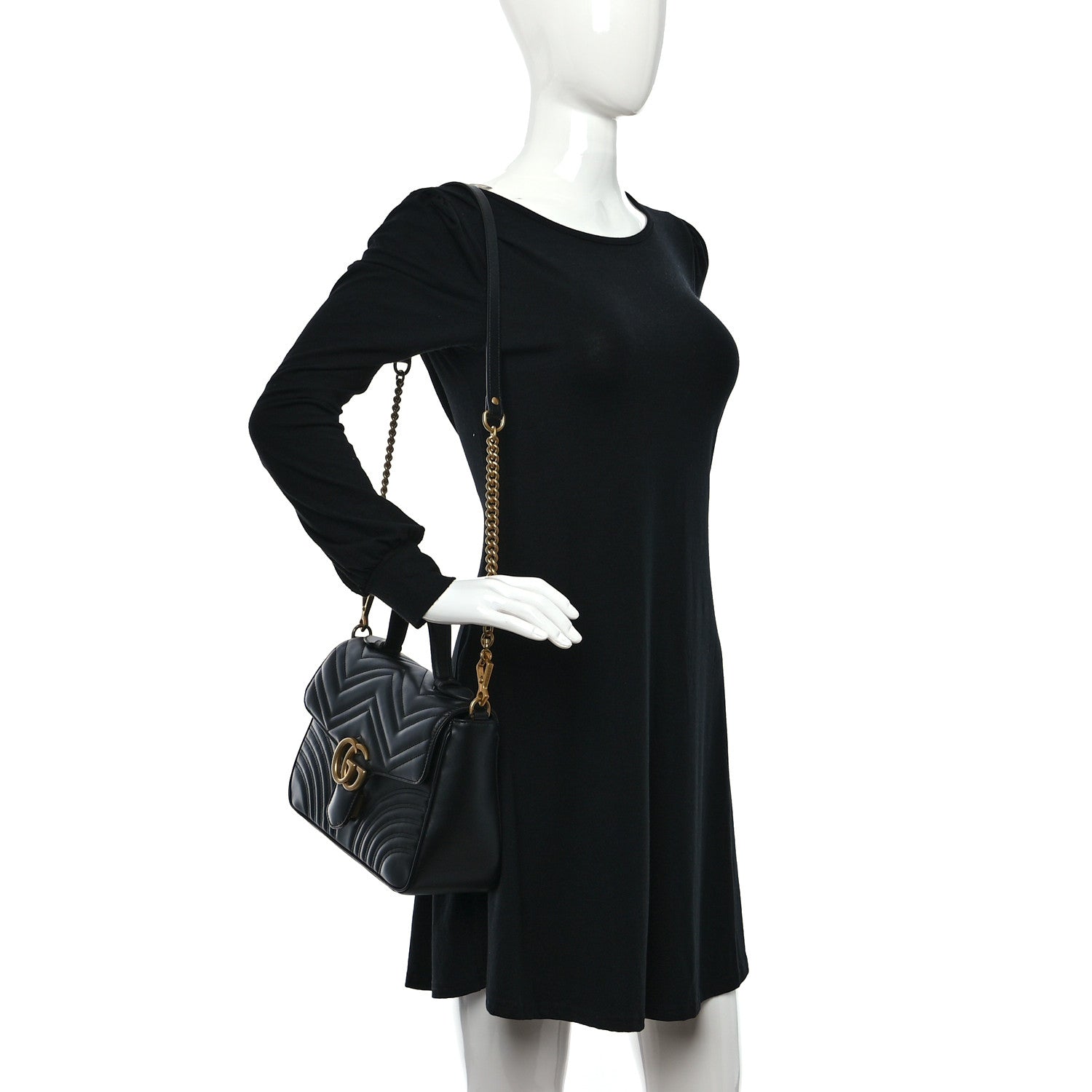 Gucci Calfskin Matelasse Small GG Marmont Top Handle Shoulder Bag Black 3 of 8